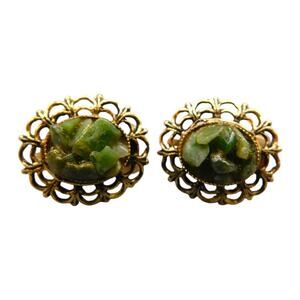Vintage Clip On Agate Earrings Green Clustered Chips Filigree Gold Tone